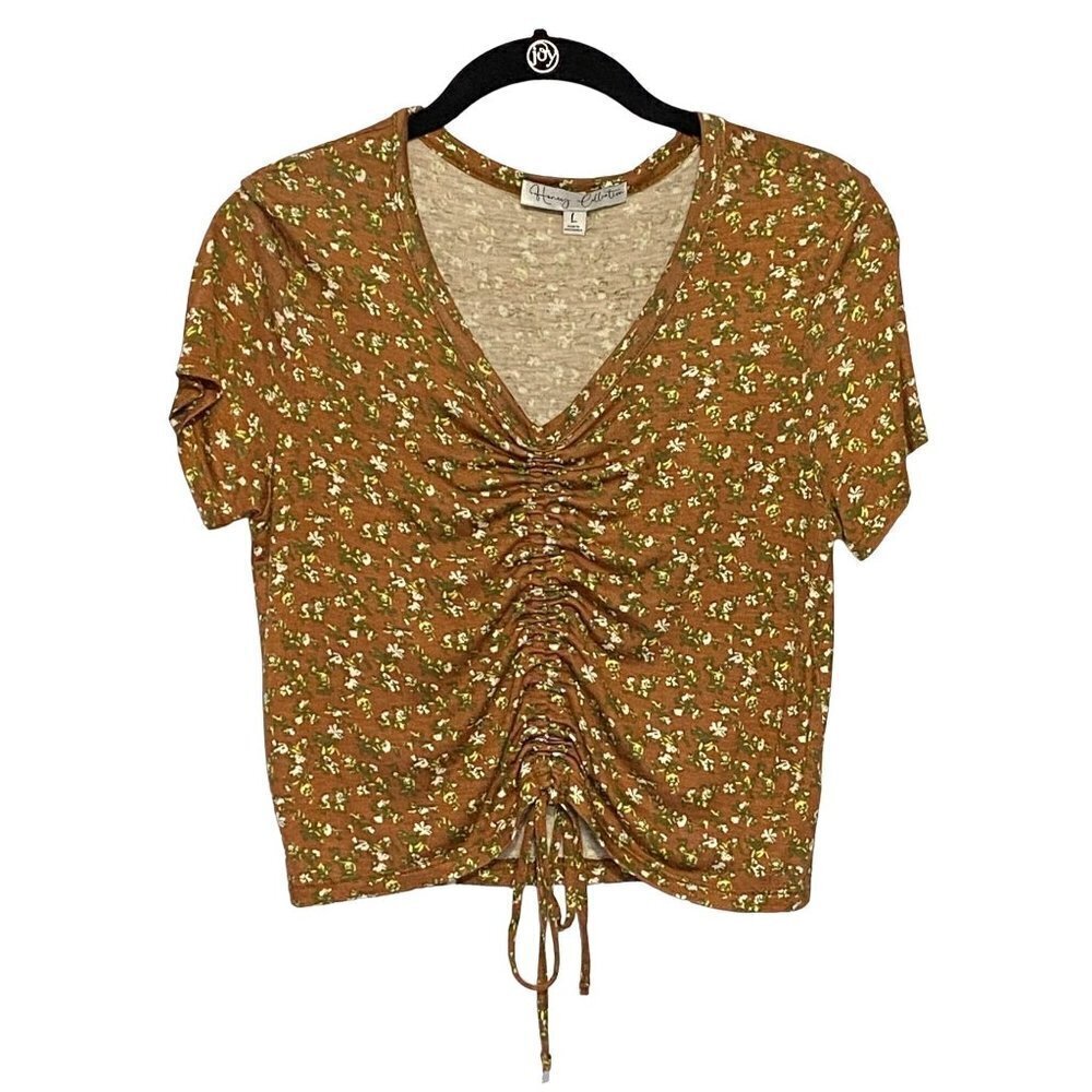 Honey Collection Brown Floral Drawstring Ruched Bodice Crop Top‎ Size Large